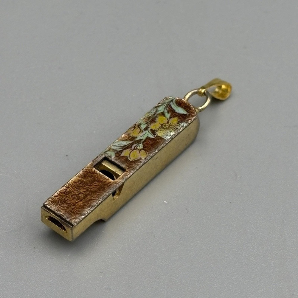 Vintage Whistle Pendant Gold Tone Enamel Floral Boho Festival RARE - Picture 2 of 10